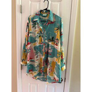 True Desinations Novelty Print Tunic Top Button Down